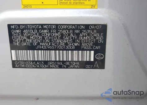 2007 Lexus Gs 350 z USA, uszkodzony, nr VIN JTHCE96S770013008